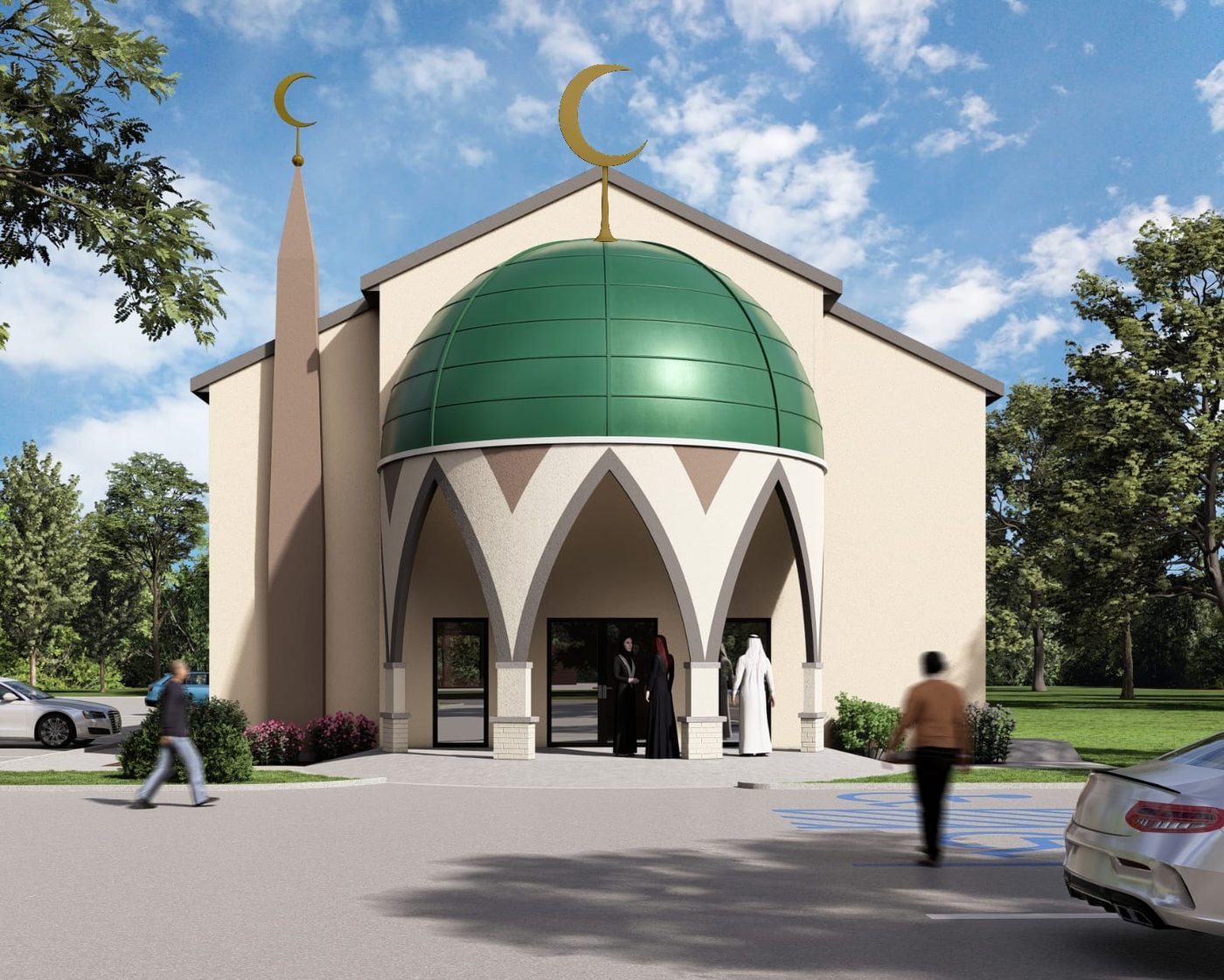 Rendering of the front entrance of Al Hadi Masjid: the green dome over the arched porch, with the minaret beside it