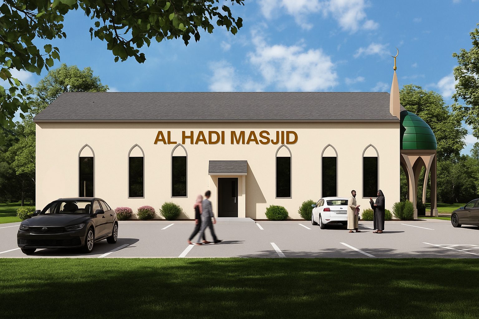 Main elevation with arched windows along the prayer hall